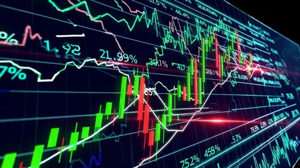 Electronic chart displaying abstract concept of  market fluctuations, crisis, inflation rate, with statistics and prices falling indicating a financial crash
