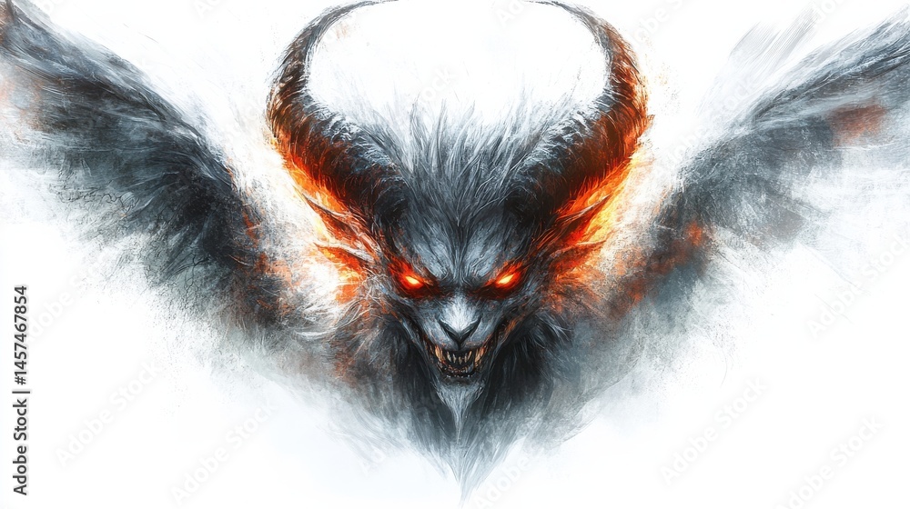 Poster a unique creature with one side resembling a devil, complete with sharp horns, fiery eyes, and a wic