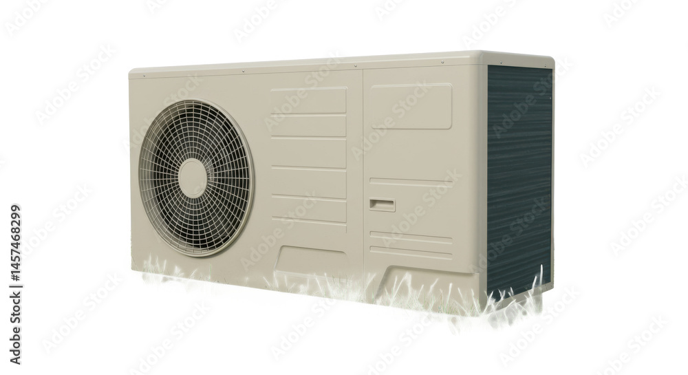 Poster a close up view of an air conditioning unit showing the fan and the side of the appliance in detail