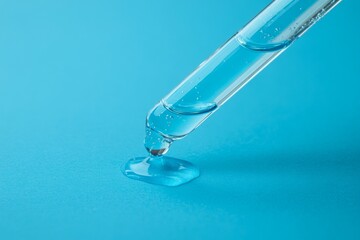 A gel serum with a pipette, as part of a skincare product, is placed on a background that has a mix of textures from different make-up and cosmetics