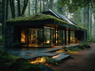 Contemporary Eco Pavilion in Forest with Moss Roof