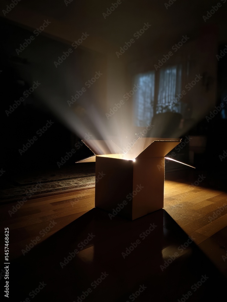 Poster surprise unboxing moment with glowing light emanating from an open box in a dimly lit room generativ