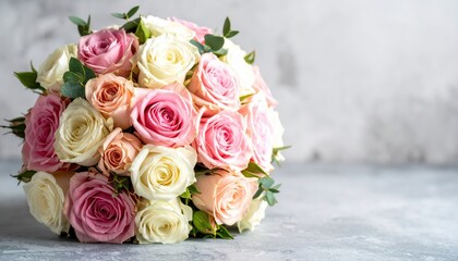 Obraz premium A lush bouquet of pink and cream roses rests gracefully against a textured gray surface, evoking a romantic and elegant mood.