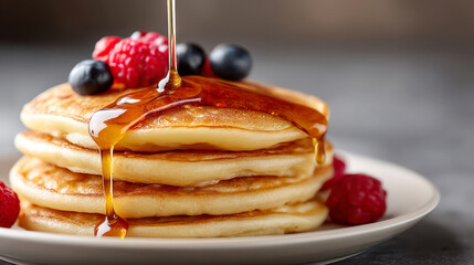 Delicious breakfast scene with maple syrup drizzled over stacked pancakes and fresh berries
