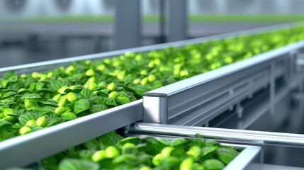 Lush green lettuce growing in a modern hydroponic farm with advanced technology in background
