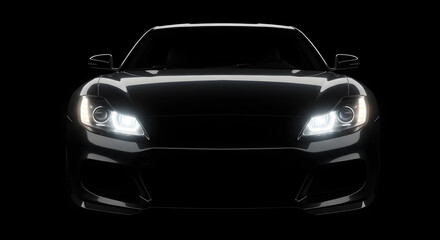 Front View of a Sleek Black Car with Glowing Headlights on a Dark Background Showcasing its Modern Automotive Design