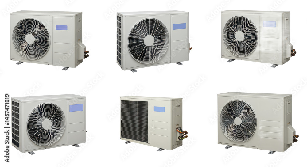 Poster a collection of air conditioning units displayed in a grid pattern against a neutral background indo