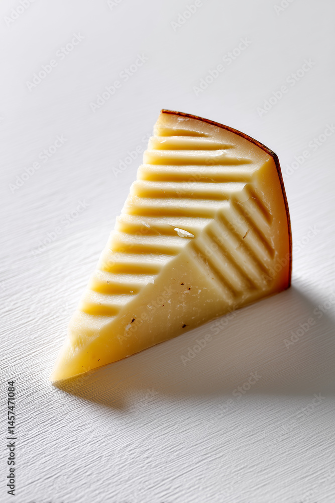 Poster manchego cheese wedge showcases unique rind lines against white background. clean and simple setting