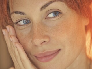 Soft-lit portrait of a woman applying beauty cream to her skin for a smooth, glowing look