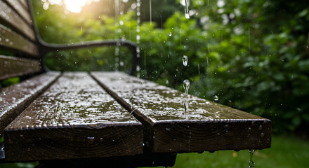 Tranquil Raindrops Falling On Empty Bench In A Lush Garden
