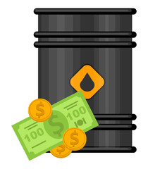 Oil barrel with dollar and coins concept money economy environment industry energy petrolum