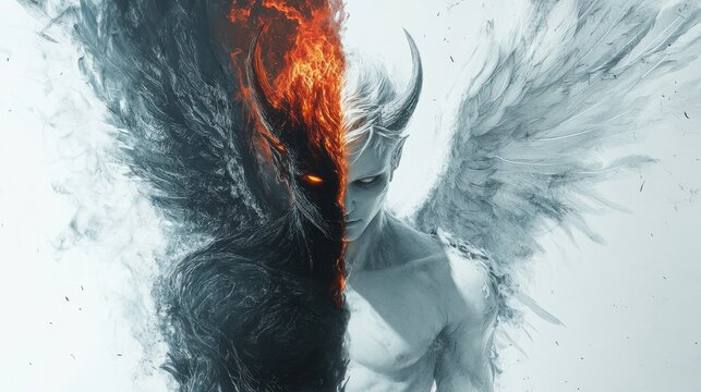 A dual creature, one side dark and intimidating with devil horns and a fiery appearance, the other side light and divine with angel wings and a calm expression, on a minimal white background