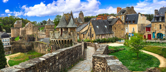 France Bretagne tourism . scenic villages and castles in Brittany. medieval fortress  Fougeres , view of ramparts and towers. One of the most beautiful french villages © Freesurf