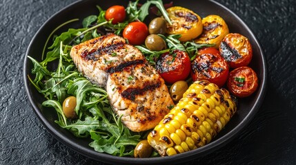 Vibrant healthy meal grilled fish and colorful vegetables