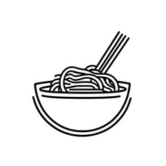 A bowl of noodles with chopsticks, thin outline, transparent background