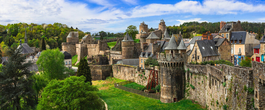 Ultra-Wide 15K Panorama of the Medieval Fortress of Fougeres. Impressive castle ramparts and towers of the largest knightly stronghold in Europe, Brittany, France.