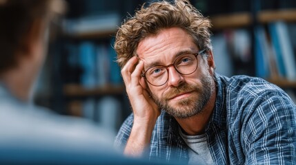A man in a sterile office setting, visibly stressed, sitting across from a psychologist, seeking solace and advice to manage mental health challenges caused by work