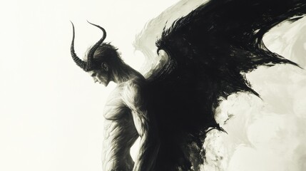 Fototapeta premium A dual creature, one side dark and intimidating with devil horns and a fiery appearance, the other side light and divine with angel wings and a calm expression, on a minimal white background