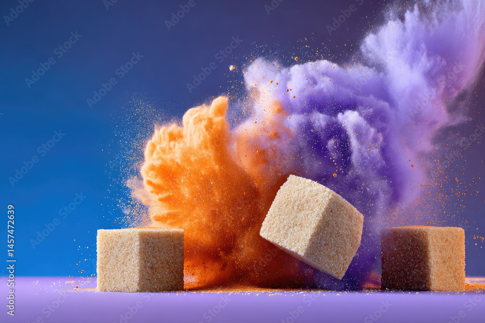 Aufkleber three sugar cubes are dramatically set against vibrant background with burst of orange and purple po