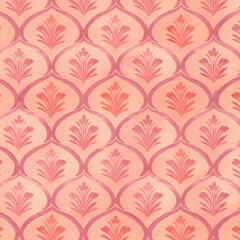 Watercolor Art Deco Floral Pattern Seamless, Decorative, Coral and Pink Design for Backgrounds and Textures.