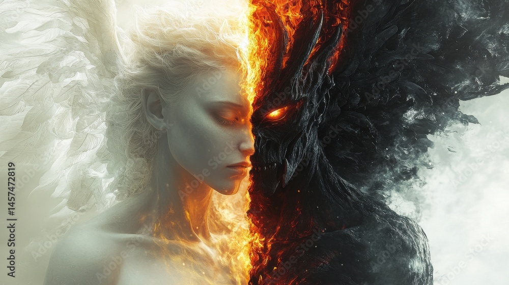 Poster a creature with a split personality, one half glowing with angelic features like soft wings and a pe