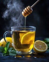 Warm herbal tea with honey and lemon garnished with fresh mint on a dark background