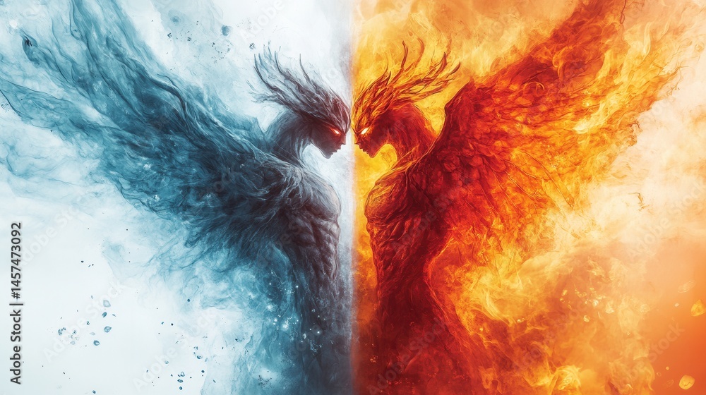 Poster a creature with a split personality, one half glowing with angelic features like soft wings and a pe