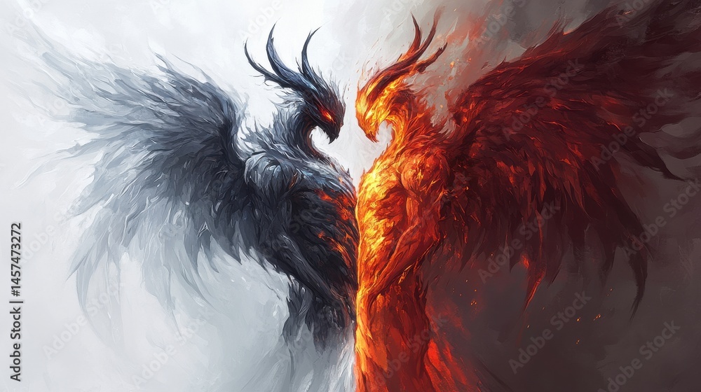 Poster a creature with a split personality, one half glowing with angelic features like soft wings and a pe