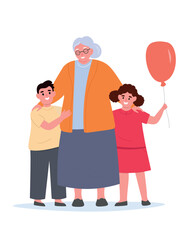 Grandmother hugs grandchildren, cares, loves them. Old woman and children together. Vector flat graphics.