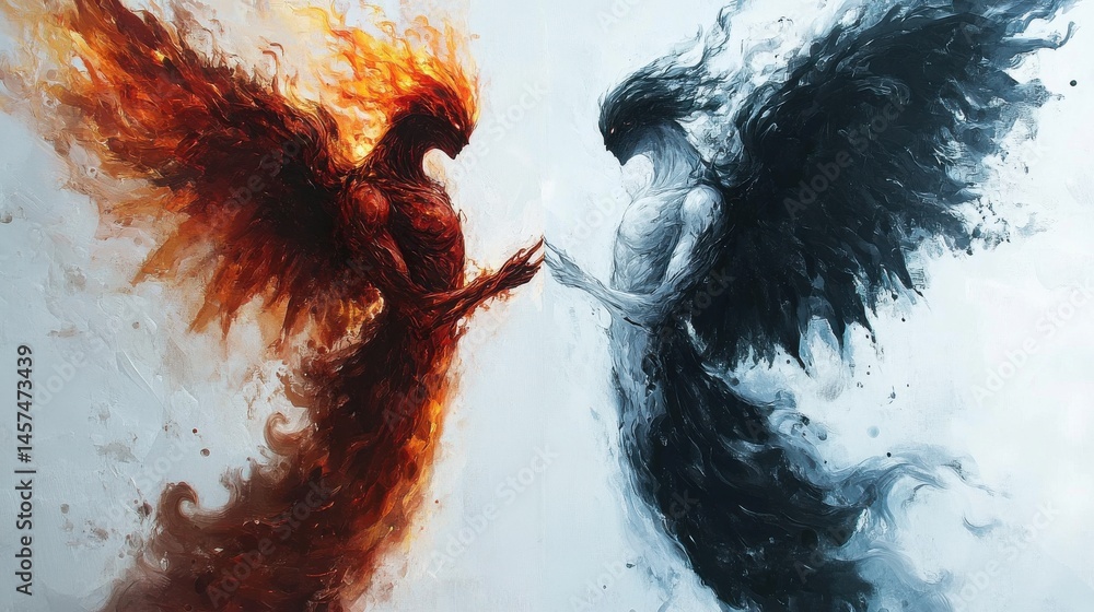 Poster a creature with a split personality, one half glowing with angelic features like soft wings and a pe