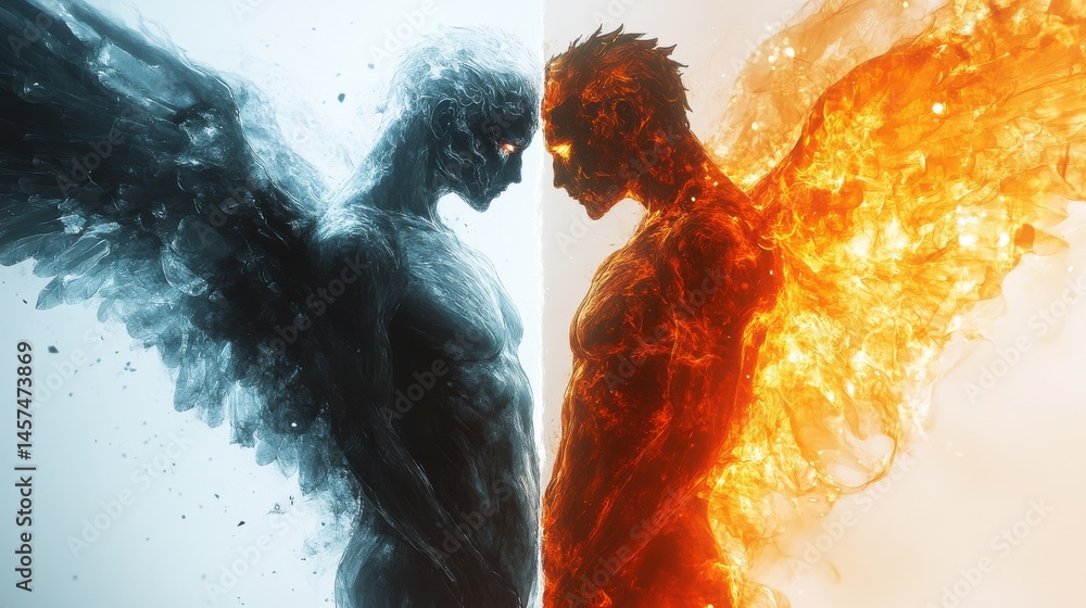 Poster a creature with a split personality, one half glowing with angelic features like soft wings and a pe