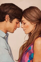 Naklejka premium Couple gently touching cheeks, pastel lemon background