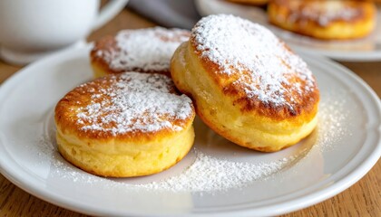 Fluffy, golden-brown paczki dusted with powdered sugar sit on a white plate, evoking a festive, comforting holiday treat.