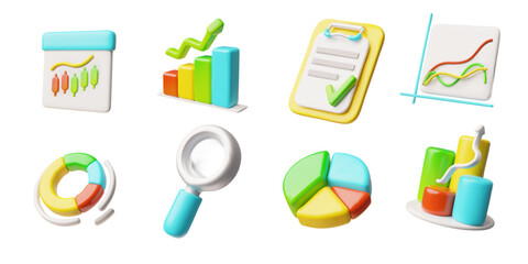 3D vector set, with different shaped graphs, magnifying glass, checklist. Financial analysis.