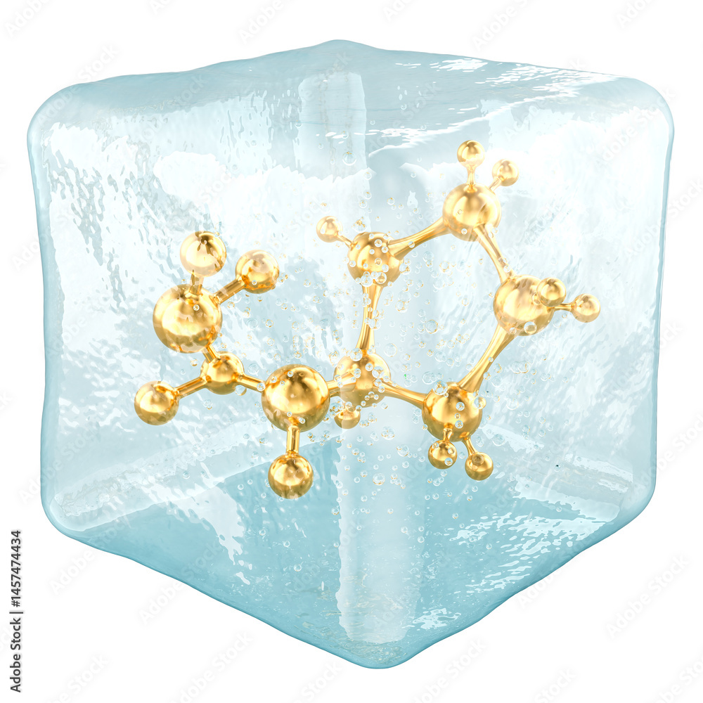 Poster molecule frozen in ice cube, 3d rendering isolated on transparent background