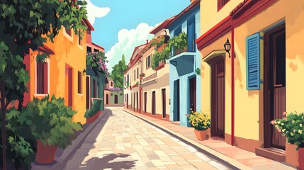 Obraz premium Digital illustration of a colorful, sunlit cobblestone street with charming buildings and flowering plants.