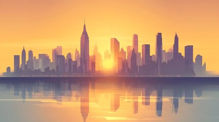 Fototapeta premium Digital illustration of a city skyline at sunset, reflected in calm water, rendered in warm tones.