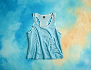 Light blue tank top displayed against a colorful gradient background.