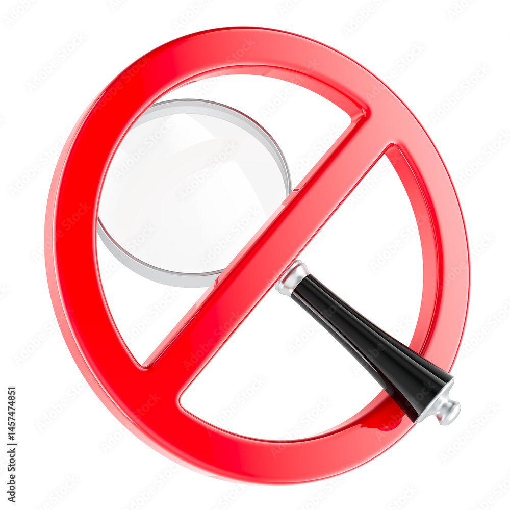 Poster prohibition symbol with loupe. 3d rendering isolated on transparent background