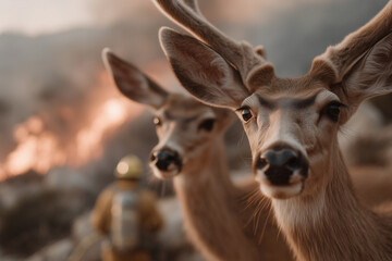 Obraz premium Deer observing a wildfire with concern in a forested area 