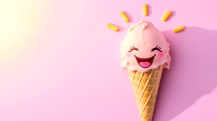 Digital illustration of a smiling pink ice cream cone with waffle cone and yellow candy sun rays on a pink background.