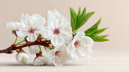 Close Up Of White Cherry Blossom Branch On Wooden Surface With Green Leaves And Cream Background