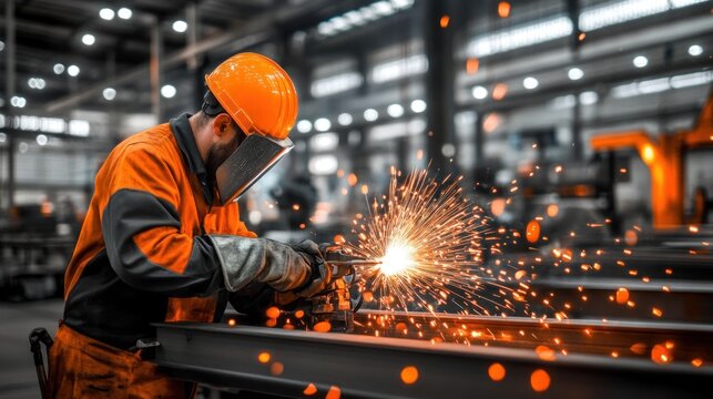 Industrial worker welding metal beams in factory setting
