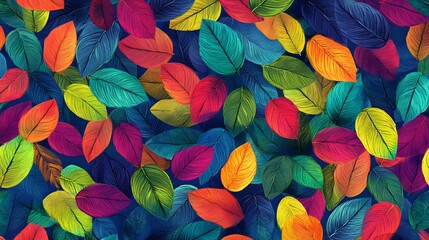 Digital illustration of vibrant, stylized leaves densely layered against a deep blue background.