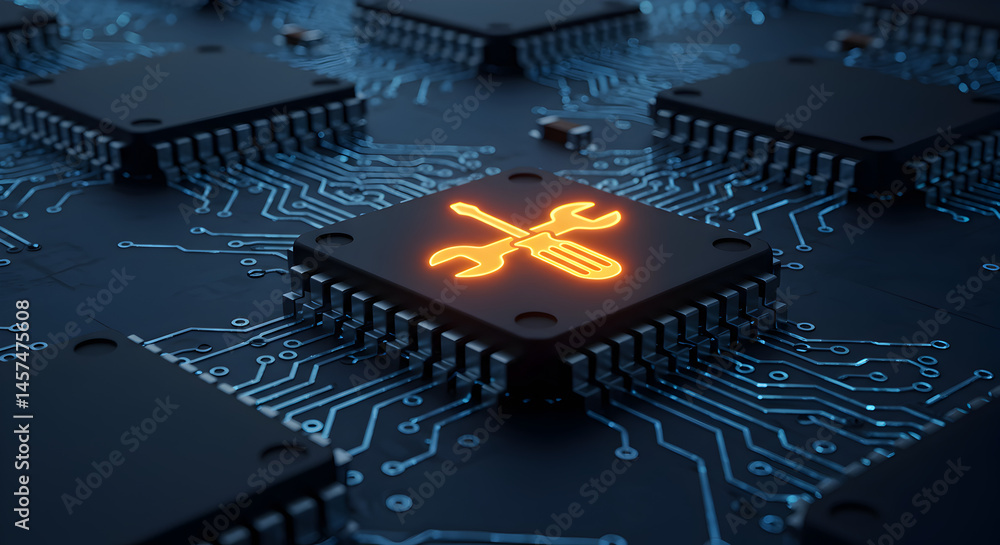Poster macro shot of black chipset with an orange tool icon on dark background highlighting technology and 