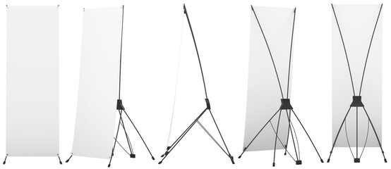 X Banner Stands, blank adjustable . Mockup template X banner stands, different sides. 3D rendering isolated on transparent background © natatravel