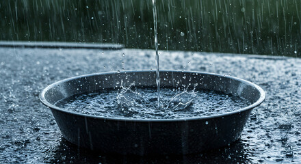 Heavy Rainfall Splashing into Bowl Water Droplets Wet Climate Change Concept