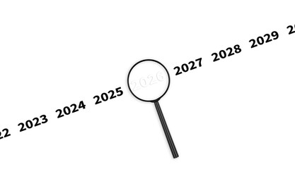 Lens, magnifying glass focusing on the year 2026 on an isolated background. Financial or stock...