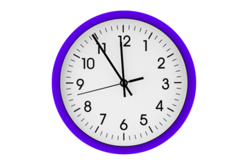 Purple, violet watch, wall clock 11 hours 45 minutes on isolated or white background close up