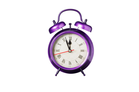 retro clock, pointer clock, violet, purple color alarm clock on isolated white background close up